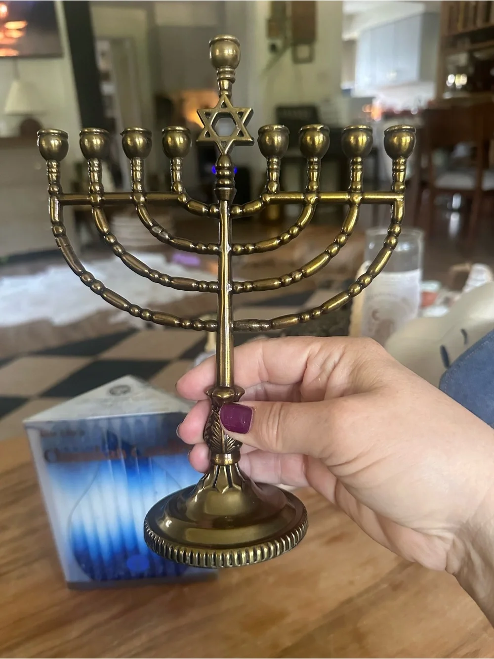 Rite Lite Hanukkah Brass Menorah with candles full box 45 made in India 9x6